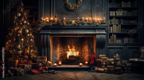 Interior of luxury living room with Christmas decor. Blazing fireplace, garlands and burning candles, elegant Christmas tree, gift boxes, bookcase. Christmas and New Year celebration concept.