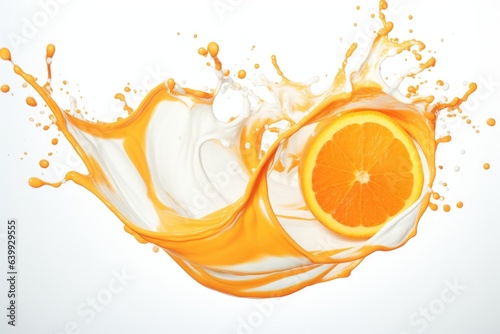orange slice with yogurt splash on white background