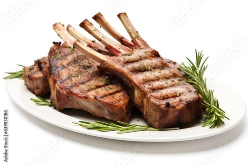 lamb chops on white plate isolated white background 