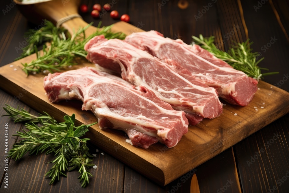 raw beef meat on wooden board isolated on black background