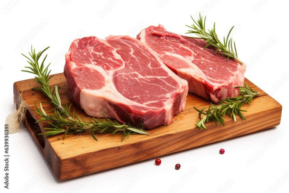 raw beef meat and rosemary leaf on wooden board isolated on white background