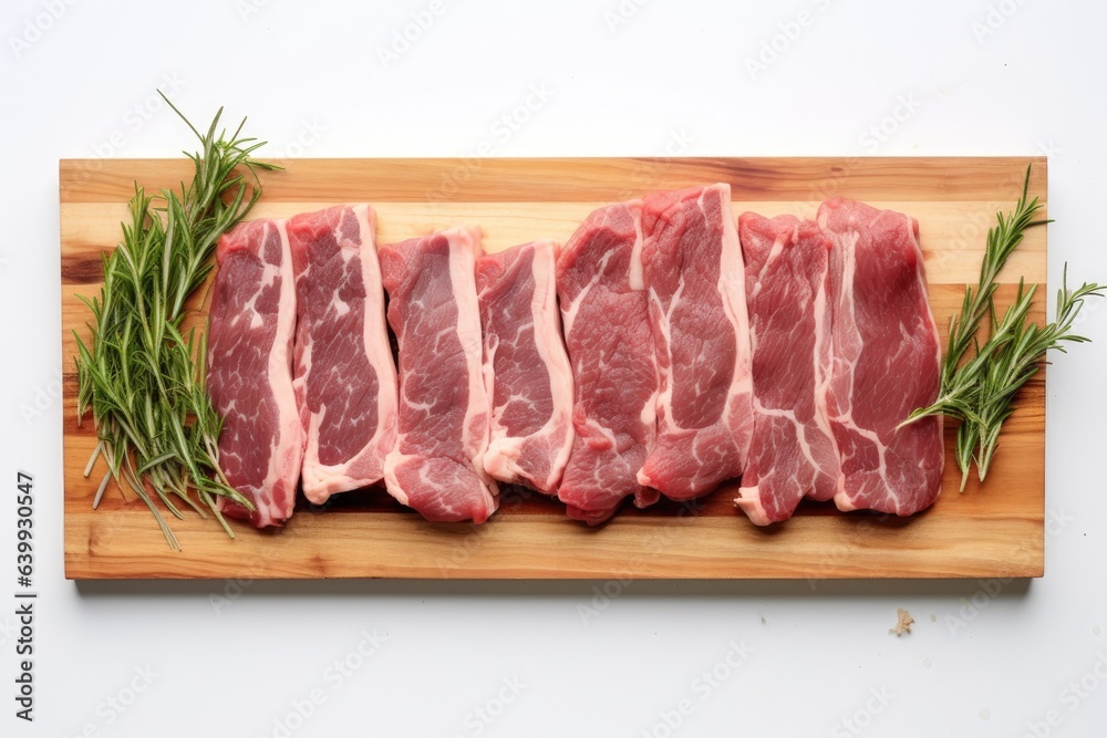 beef meat on wooden board isolated on white background