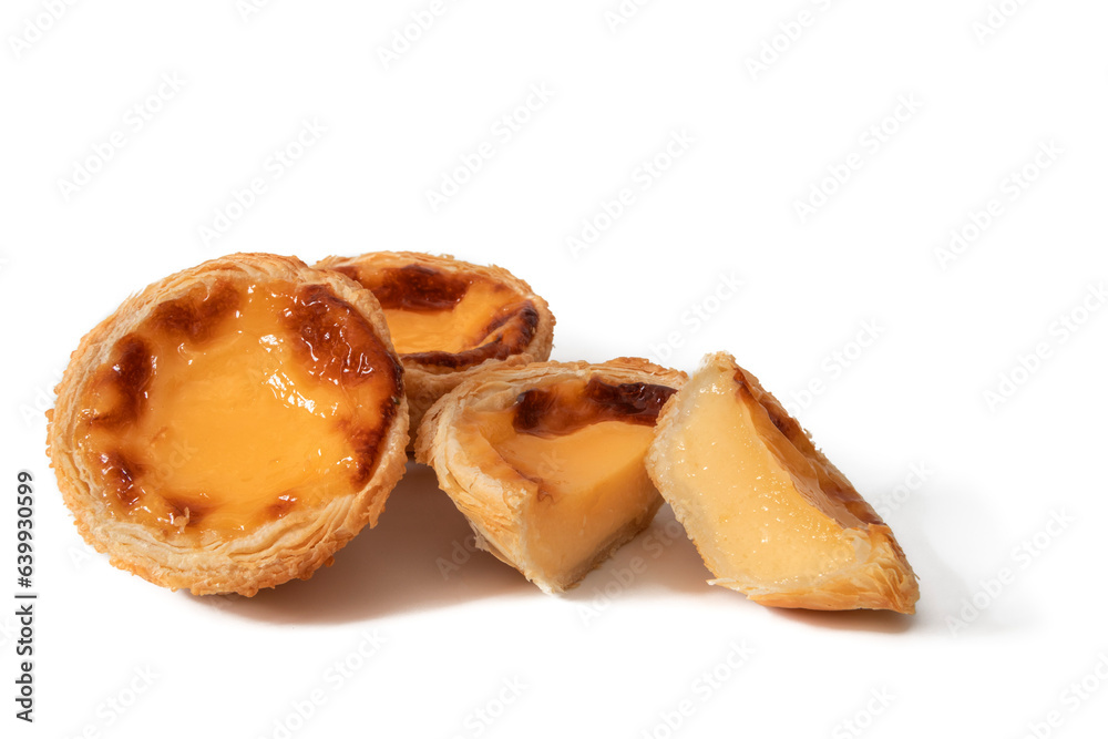 Cream cake or Pasteis de Belem, isolated on white background. Portuguese food concept. Cream cake or Pasteis de Belem, isolated on white background. Portuguese food concept.