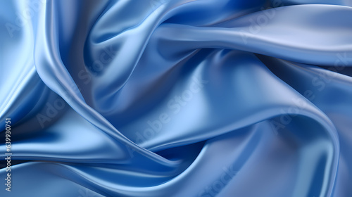 Light blue silk satin background. Beautiful soft folds on the smooth surface of the fabric 