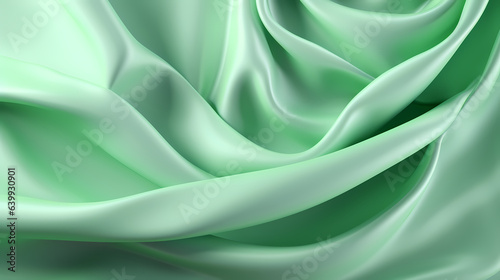 Light green silk satin background. Beautiful soft folds on the smooth surface of the fabric 