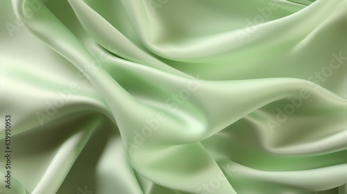 Light green silk satin background. Beautiful soft folds on the smooth surface of the fabric 