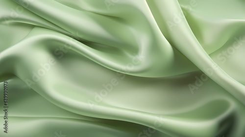 Light green silk satin background. Beautiful soft folds on the smooth surface of the fabric 