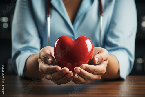 Stampa su tela Cardiologist doctor holding a red heart in his hands , cardiac disease or heart