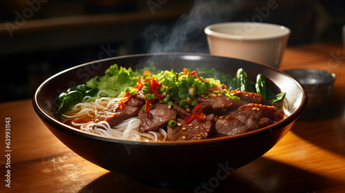 A bowl of steaming beef noodles, asian food concept
