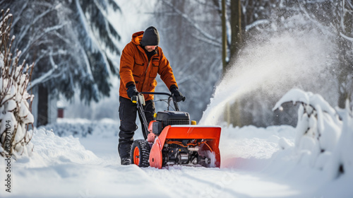 Person clearing snow from his garden path during winter photo