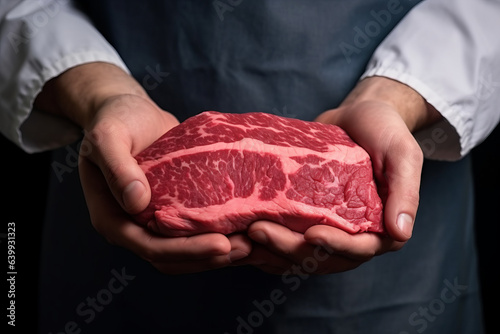 Butcher hands holding a big red and fat raw wagyu beef steak