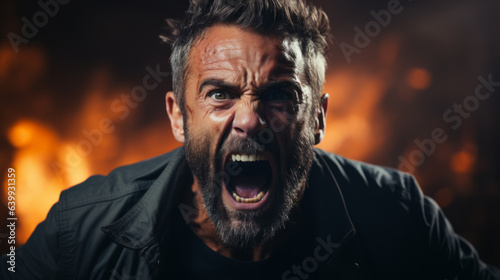 Close-up of an extremely angry adult mature man screaming with flames in background