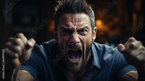 Close-up of an extremely angry adult mature man screaming with flames in background photo