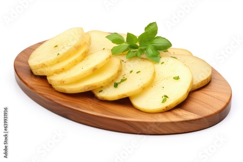 potato slices on wooden board isolated white background