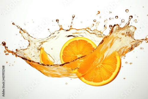 Fresh Sliced oranges and Orange fruit and water Splashing on a white background.