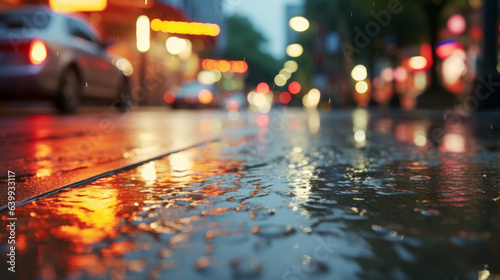 In a city after the rain, the water on the streets is shining with colorful light