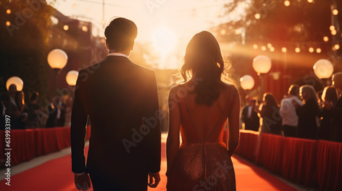 Back silhouette view of a couple of stars in gorgeous evening gowns and suit walking on the red carpet posing for awards ceremony. Celebrity nominees arrive for the premiere