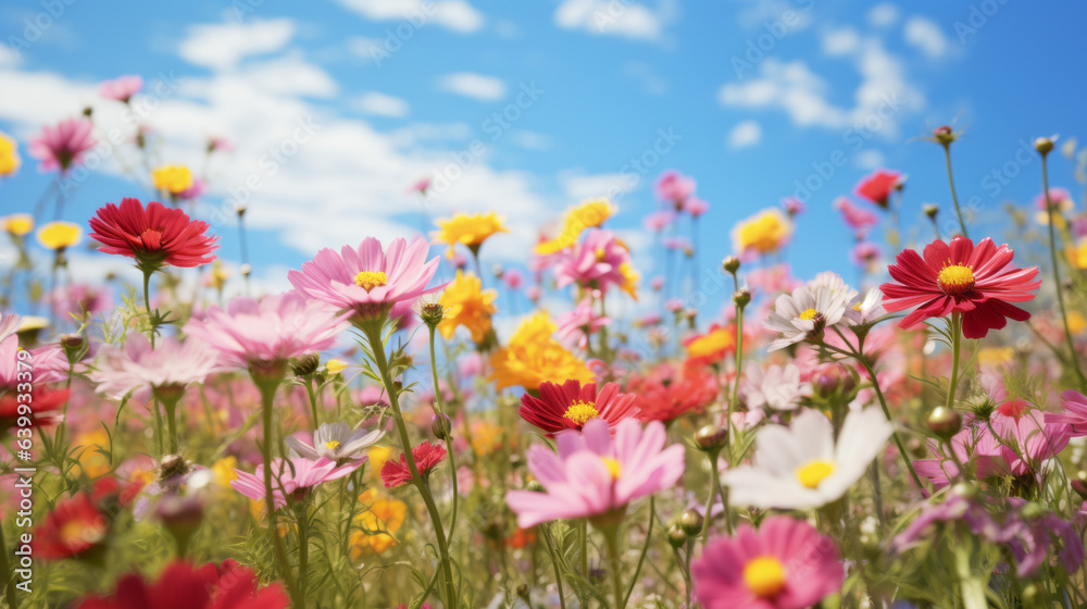 Vibrant fields of colorful flowers and wild blooms Vibrant fields of colorful flowers and wild blooms