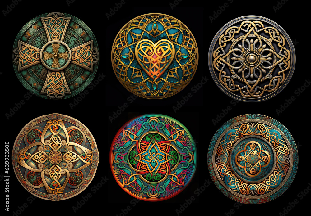 Set of 6 round, colorful, and detailed Celtic knot cross and heart mandalas. Isolated on black. Set of 6 round, colorful, and detailed Celtic knot cross and heart mandalas. Isolated on black.