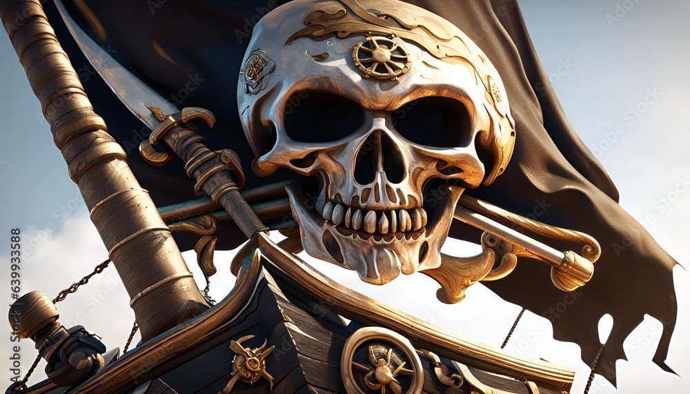 Naklejka premium Pirate flag with a skull on a pirate ship