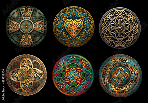 Set of 6 round  colorful  and detailed Celtic knot cross and heart mandalas.  Isolated on black.