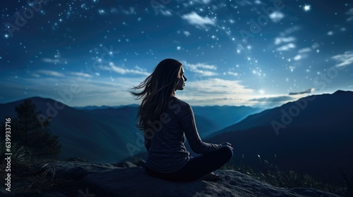 Woman practicing yoga on mountain top in night landscape.