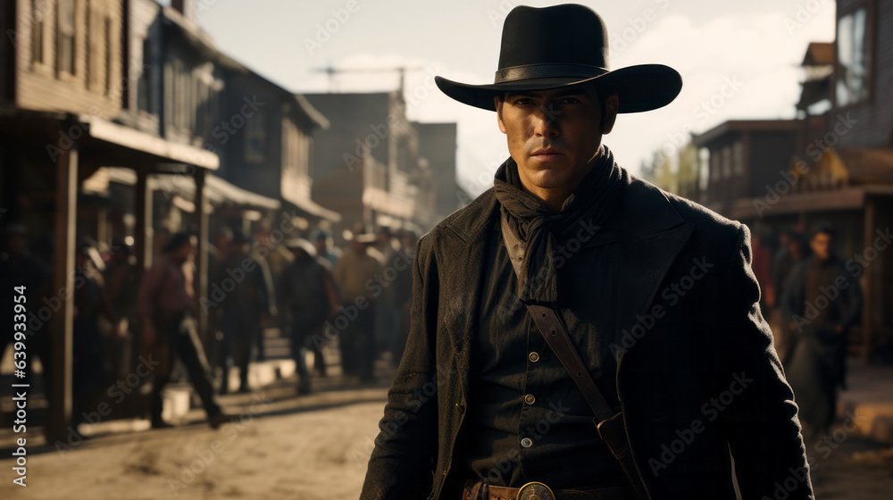 Φωτογραφία Western movie shot, front view of a cowboy ready to do a duel in middle of a wil