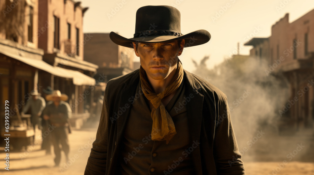 Φωτογραφία Western movie shot, front view of a cowboy ready to do a duel in middle of a wil