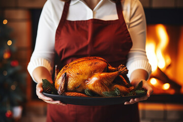 Woman holding a roasted turkey holiday dish at home , for christmas or thanksgiving holiday , fireplace living room background