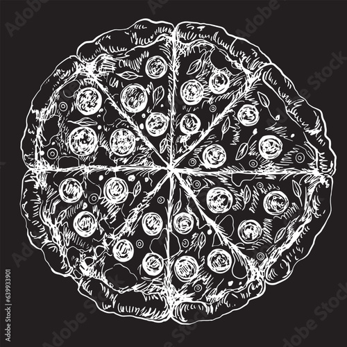 Sketch of italian pizza. Italian fast food. Drawn on chalkboard whole salami pizza isolated on black background. Illustration for menu. Engraved style. Black and white hand drawn pizza. Top view