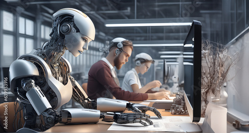 machine AI bot working with people in the office and production for industrial revolution and automation manufacturing process. humanoid AI robots, unemployment. Generative AI, illustration