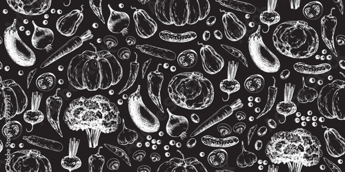 Seamless pattern with drawn on chalkboard vegetables. Background with broccoli, eggplant, onion, mushrooms, zucchini, peppers, garlic, peas, tomatoes, carrot, beetroot, cabbage, pumpkin, cauliflower