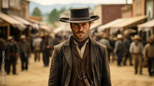 Western movie shot, front view of a cowboy ready to do a duel in middle of a wild west town