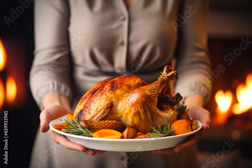 Woman holding a roasted turkey holiday dish at home , for christmas or thanksgiving holiday , fireplace living room background