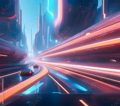 future road routes that depict the fundamental components of an atom. Luxury Futuristic technology transformation background with shine. elements and curve light effect decoration. Generative AI