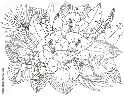 Coloring page of tropical flowers and leaves. Antistress for adults and children.