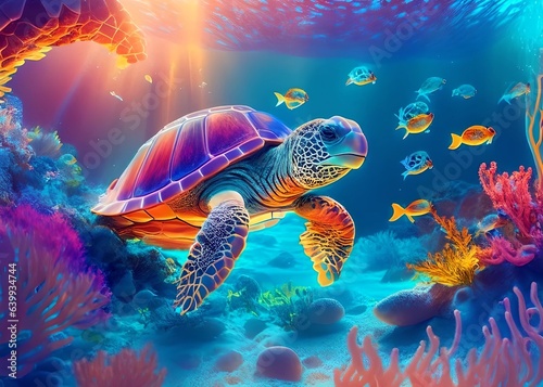A sea turtle swimming in an ocean surrounded by colorful marine life and magical lighting. © johnandpenny