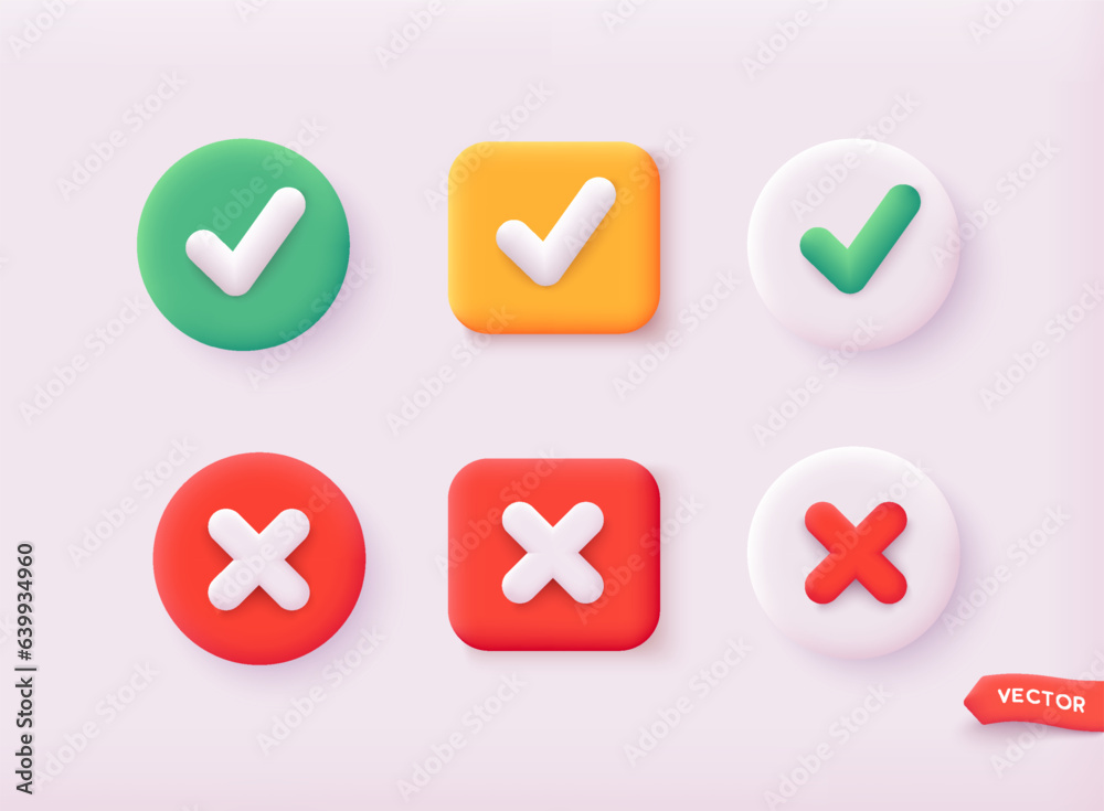 Check mark and X mark icons. 3D Web Vector Illustrations. Check mark and X mark icons. 3D Web Vector Illustrations.
