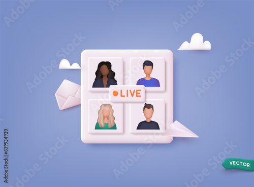 Video conference landing. Videoconferencing and online meeting workspace. 3D Web Vector Illustrations.