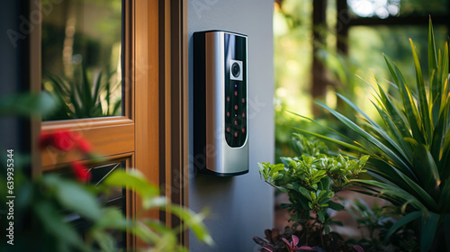 Modern doorbell camera installed at a residential entrance surrounded by lush green plants during daylight
