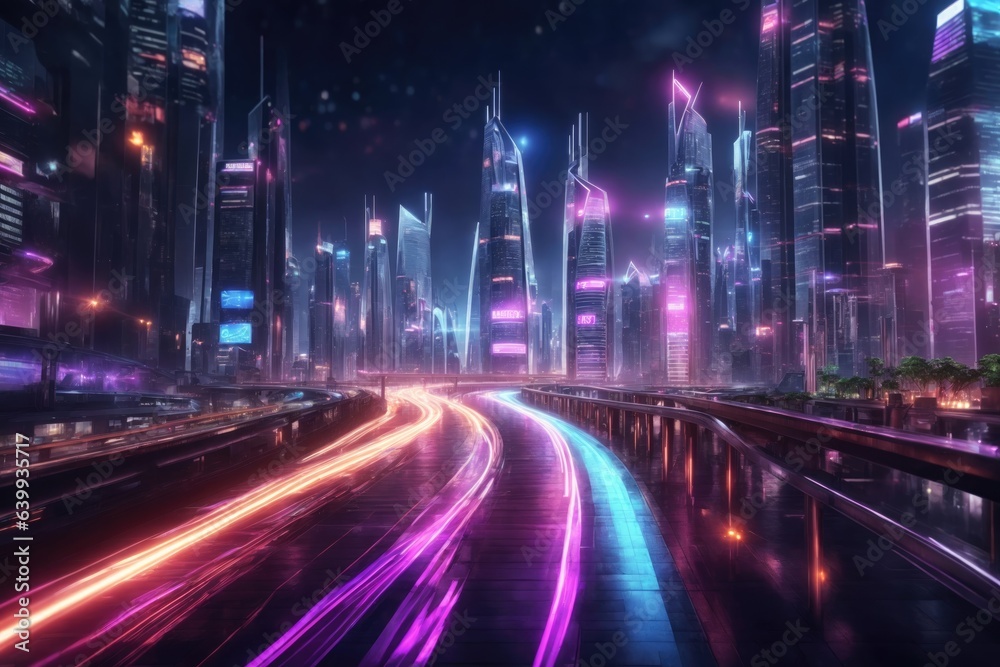 Abstract Illustration of an urban highway going to the modern city downtown, speed motion with colorful light trails