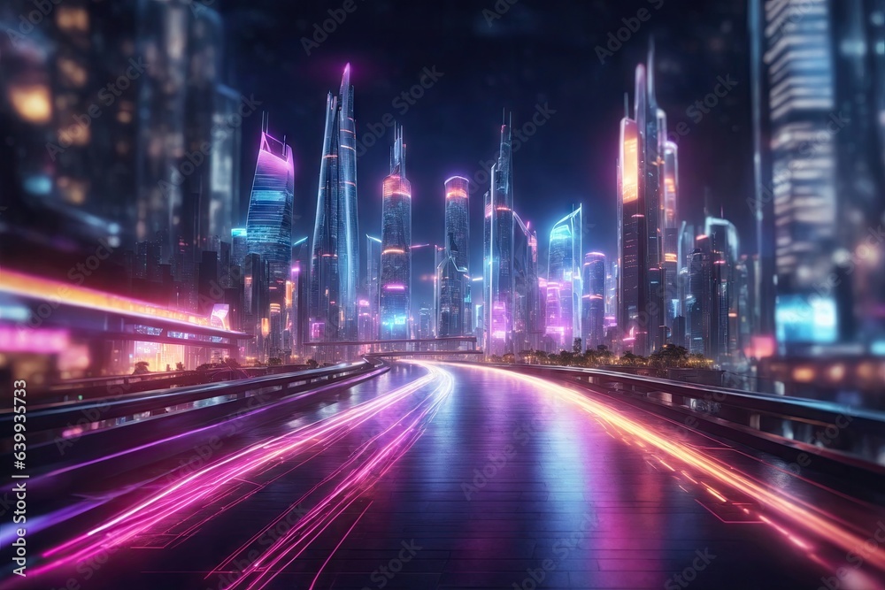 Abstract Illustration of an urban highway going to the modern city downtown, speed motion with colorful light trails