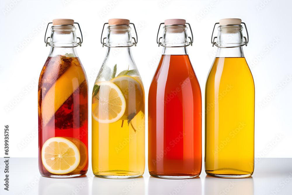 Bottled kombucha tea. Set of glass bottles with filtered kombucha drinks made of yeast, sugar and tea with addition of fruits, berries, lemon and herbs. Fermented tea or tea kvass banner - obrazy, fototapety, plakaty 