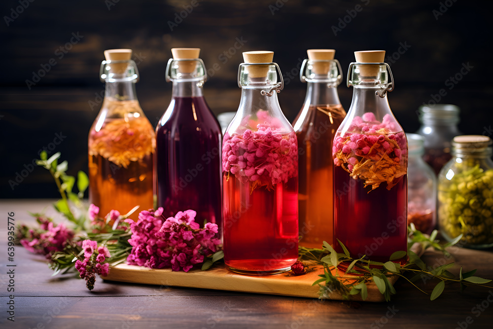 Fruit kombucha, rustic background. Set of glass bottles with filtered kombucha drinks made of yeast, sugar and tea with addition of fruits, berries and herbs. Fermented tea or tea kvass banner - obrazy, fototapety, plakaty 