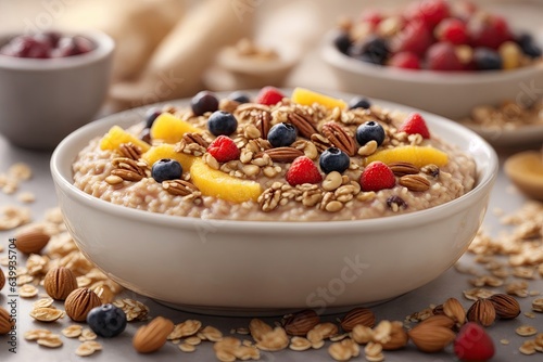 Fresh and warm oatmeal bowl topped with fruits