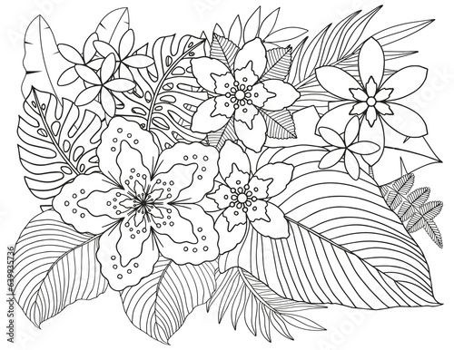 Coloring page of tropical flowers and leaves. Antistress for adults and children.