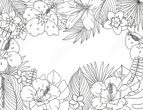 Coloring page of tropical flowers and leaves. Antistress for adults and children.