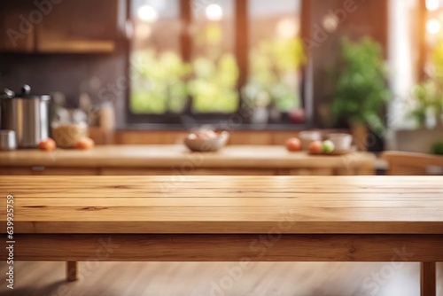 interior of retro kitchen place and desk of wooden color.