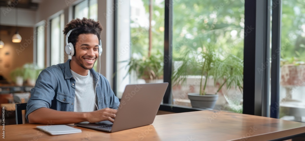 African American student engaged in virtual learning through an online platform, showcasing remote education African American student engaged in virtual learning through an online platform, showcasing remote education