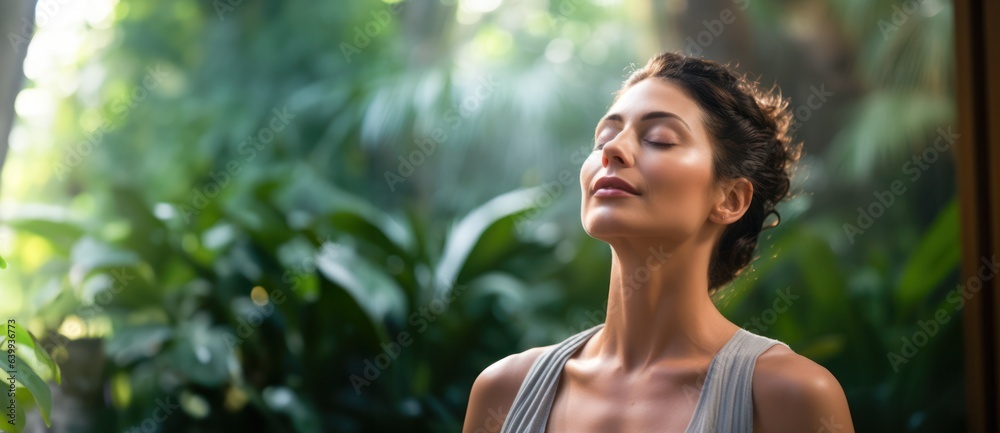Fototapeta premium Young beautiful woman practicing mindful breathing or deep relaxation techniques, emphasizing the importance of breath awareness